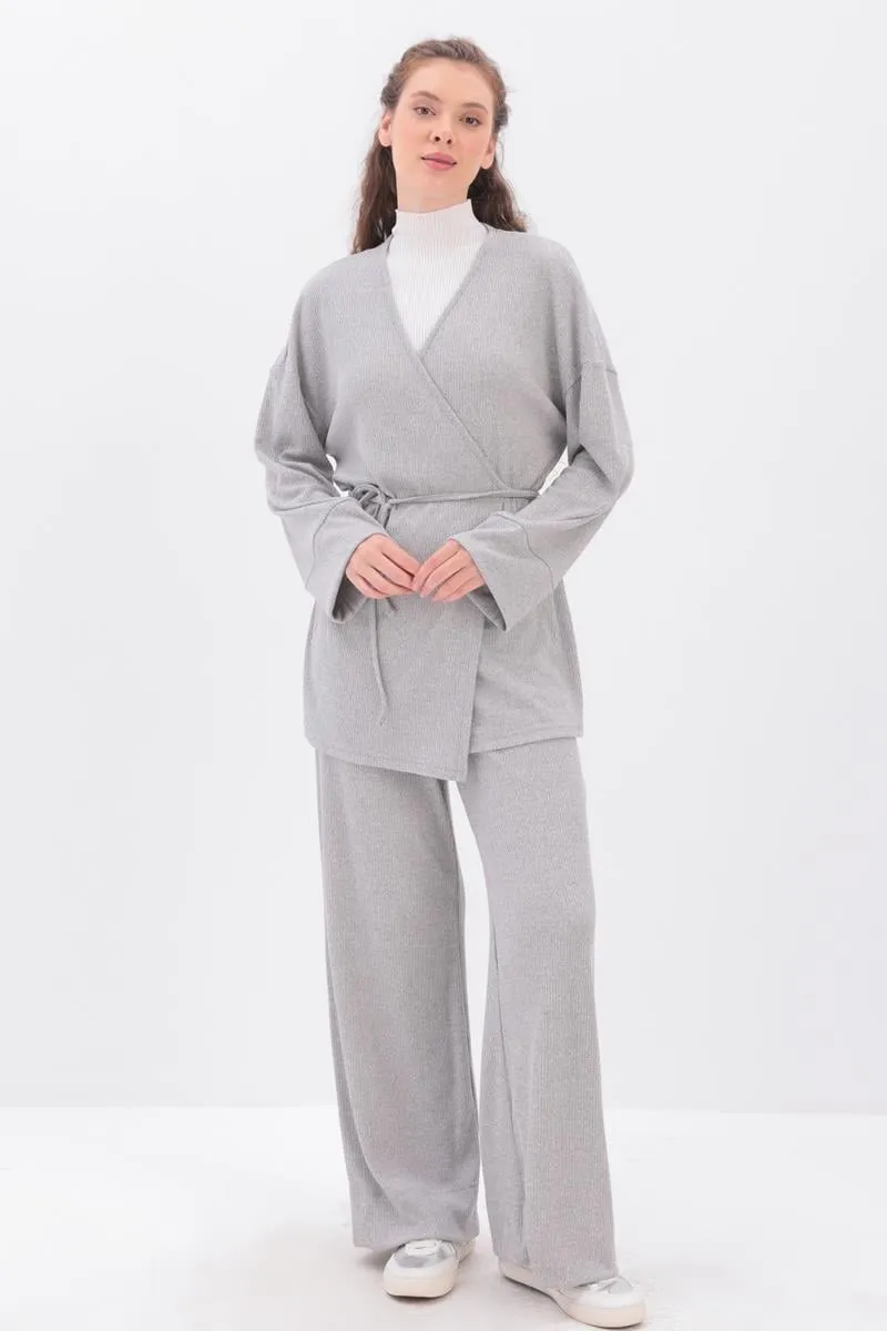 Knitted Wrap-Style Wide-Leg Set | Grey