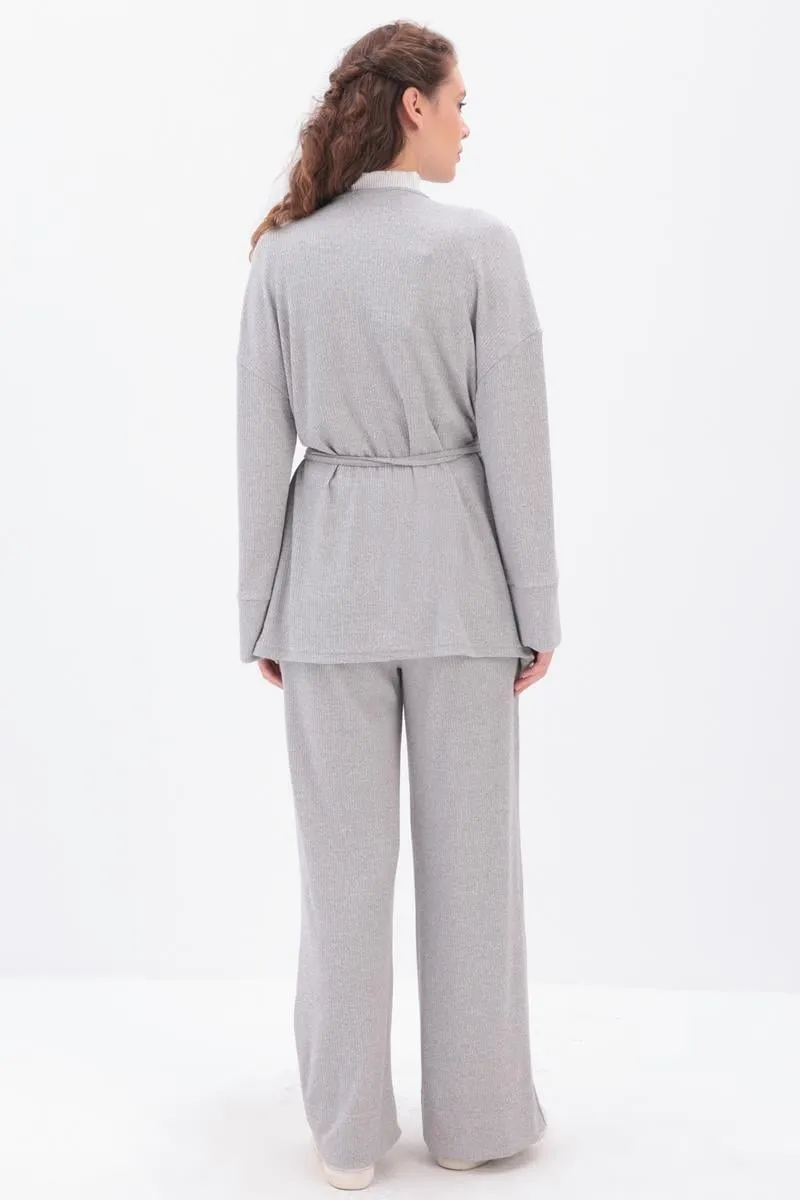 Knitted Wrap-Style Wide-Leg Set | Grey