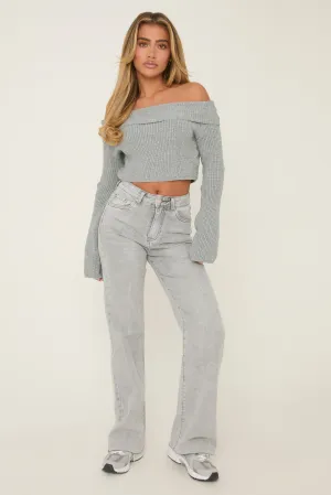 Light Grey Stretch Straight Leg Frayed Hem Jeans - Scarlett