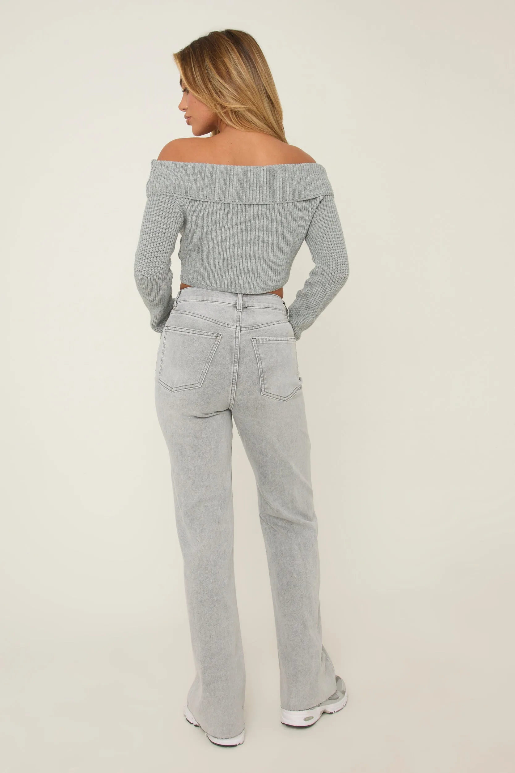 Light Grey Stretch Straight Leg Frayed Hem Jeans - Scarlett