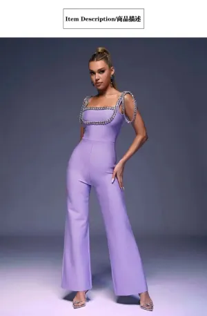 Light Purple Sleeveless Rhinestone Wide Leg Jumpsuit