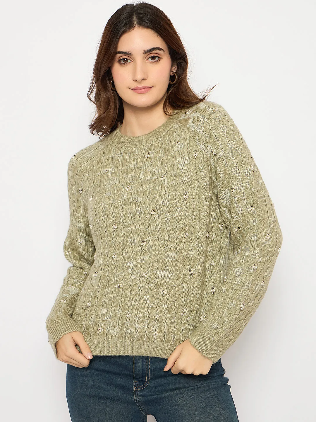 Madame Cable Knit Pearl Embellished Green Sweater