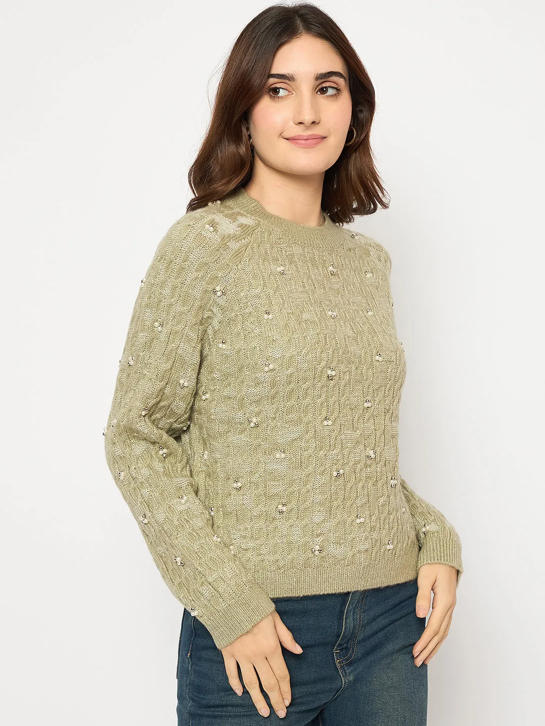 Madame Cable Knit Pearl Embellished Green Sweater