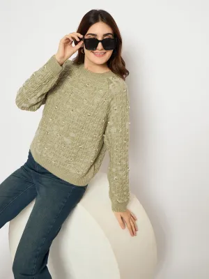 Madame Cable Knit Pearl Embellished Green Sweater