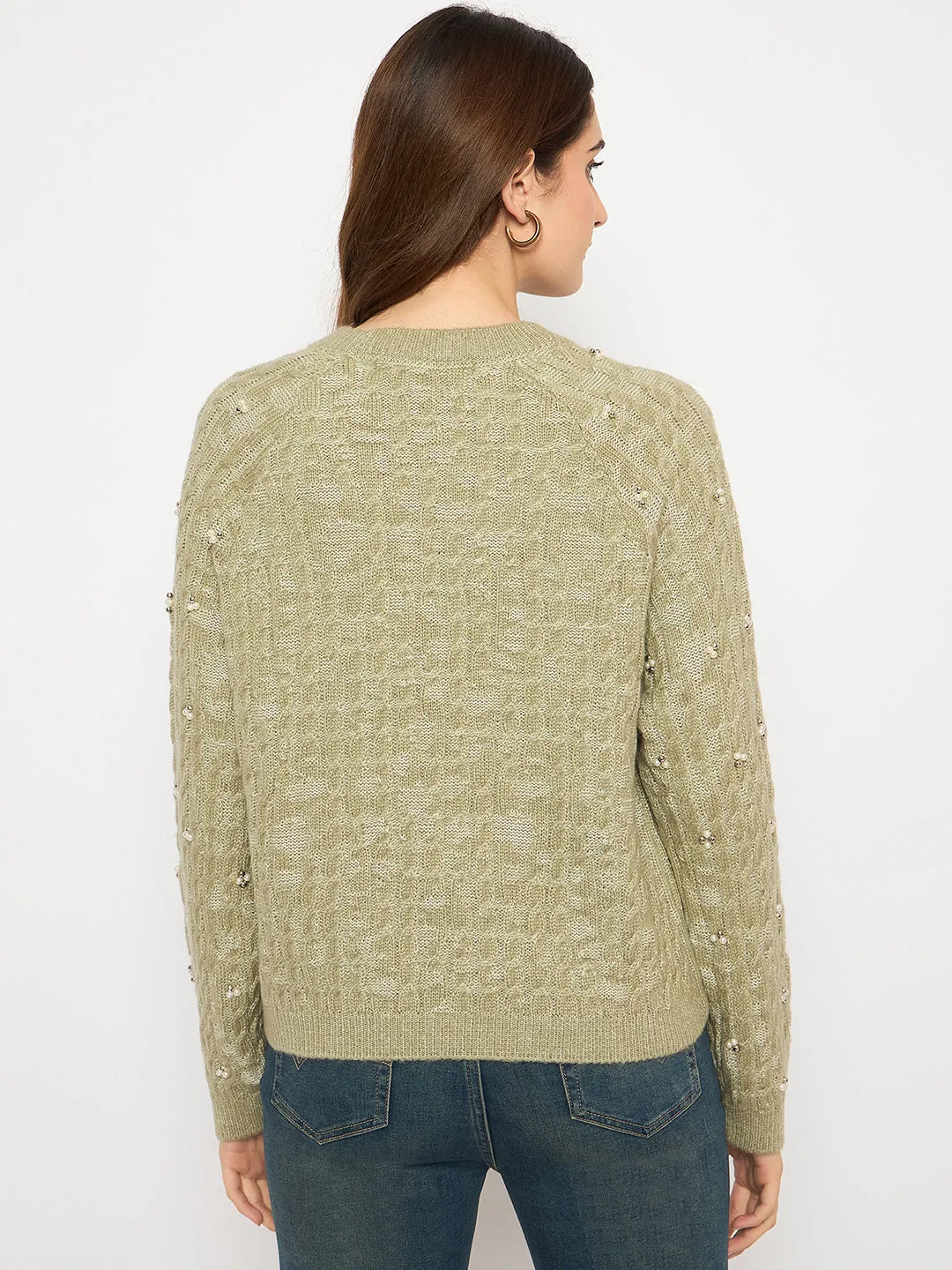 Madame Cable Knit Pearl Embellished Green Sweater