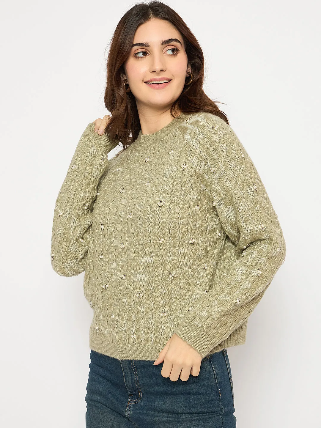 Madame Cable Knit Pearl Embellished Green Sweater