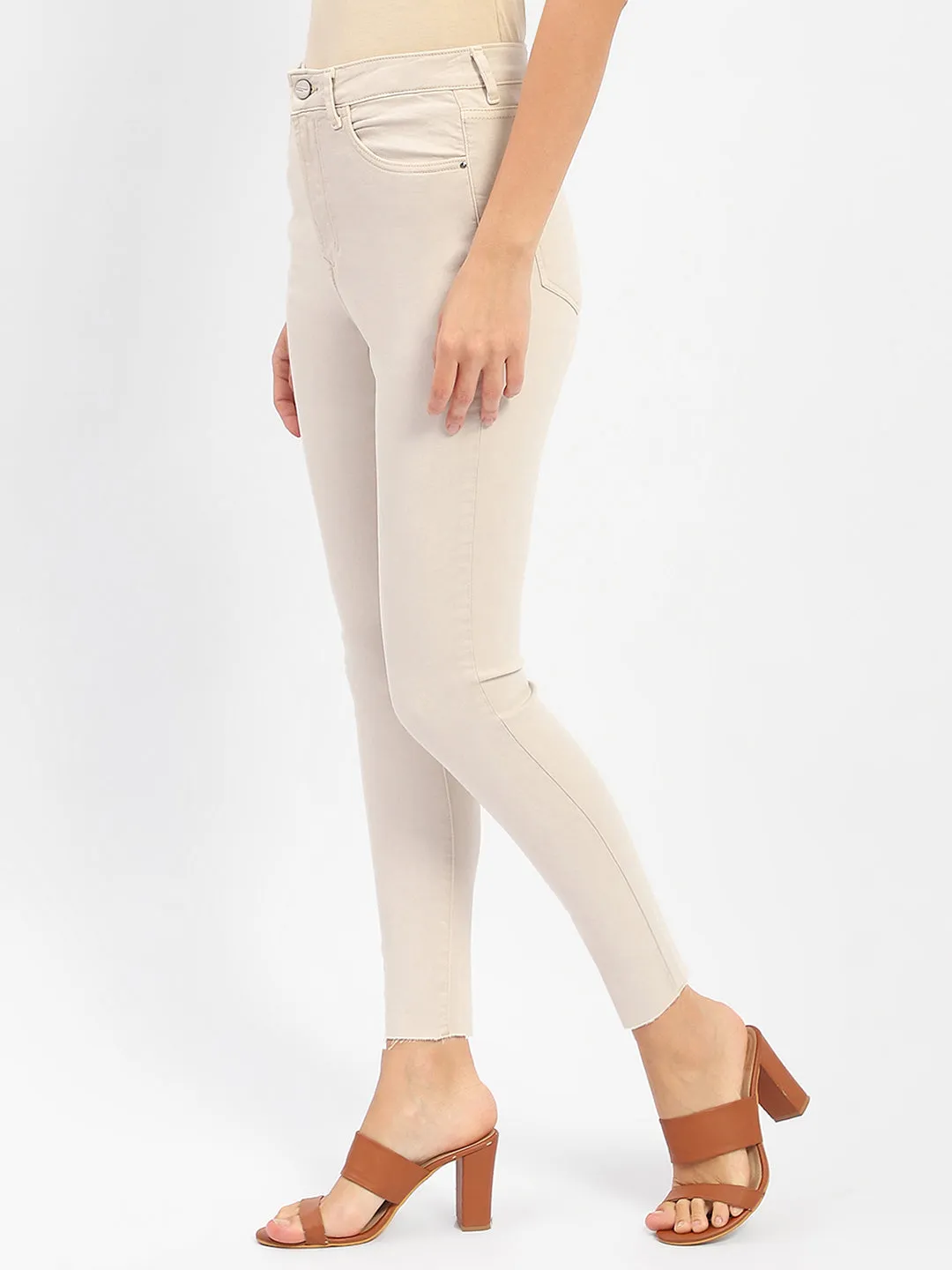 Madame Raw Hem Beige High Rise Skinny Fit Jeans