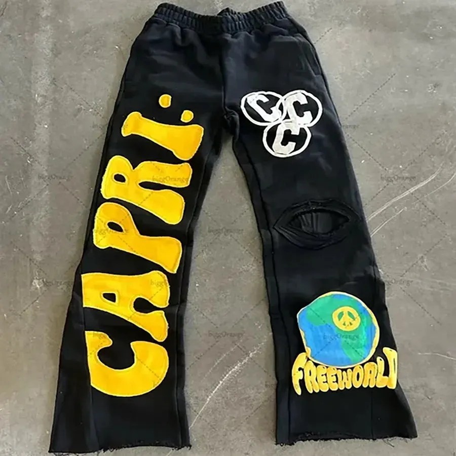 Men's Wide-Leg Embroidered Trousers - European and American Y2K Retro Casual Knit Fashion