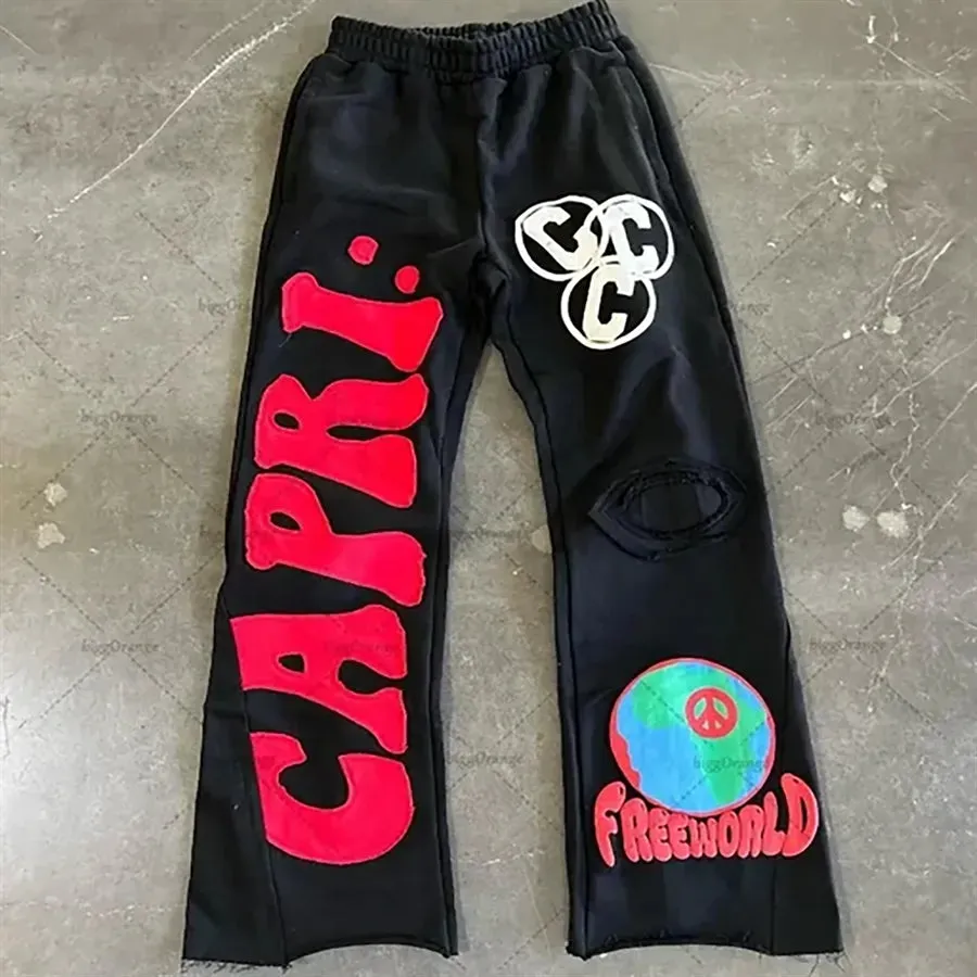 Men's Wide-Leg Embroidered Trousers - European and American Y2K Retro Casual Knit Fashion