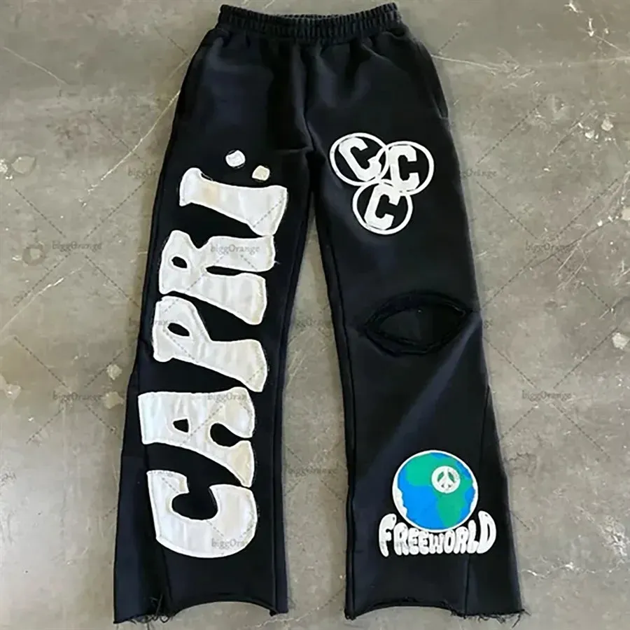 Men's Wide-Leg Embroidered Trousers - European and American Y2K Retro Casual Knit Fashion