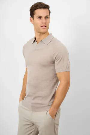 Merino Open Collar Polo Shirt in Wheat Marl