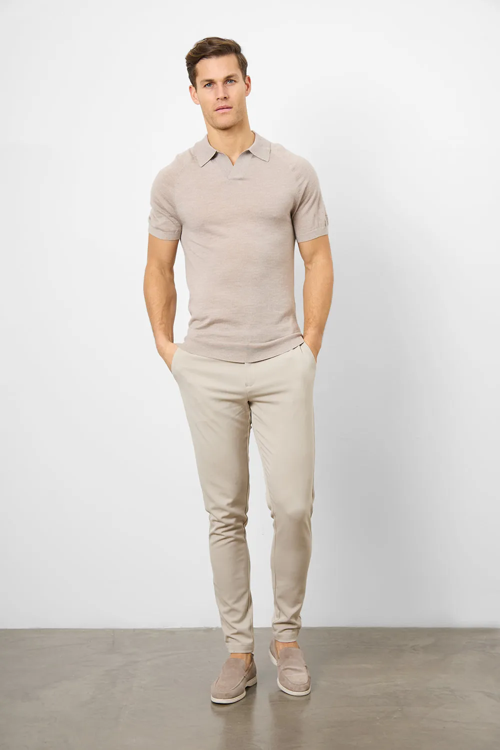 Merino Open Collar Polo Shirt in Wheat Marl