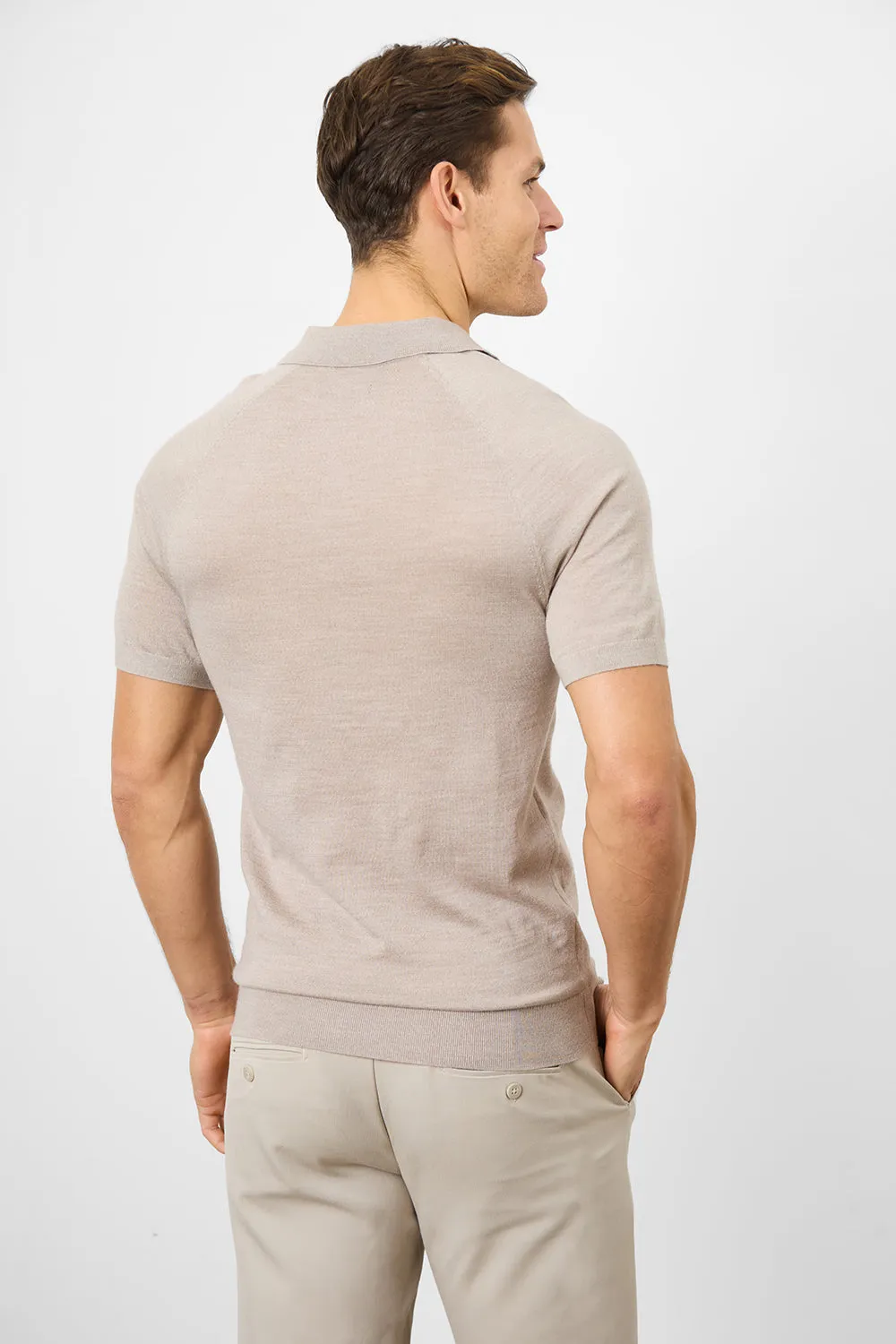 Merino Open Collar Polo Shirt in Wheat Marl