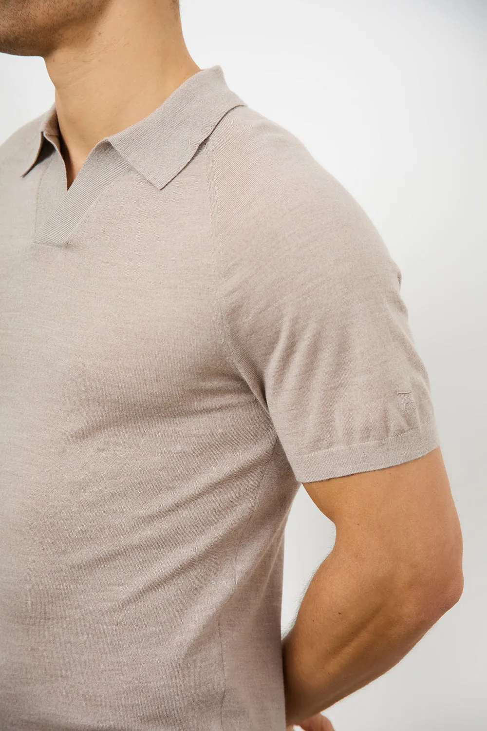 Merino Open Collar Polo Shirt in Wheat Marl