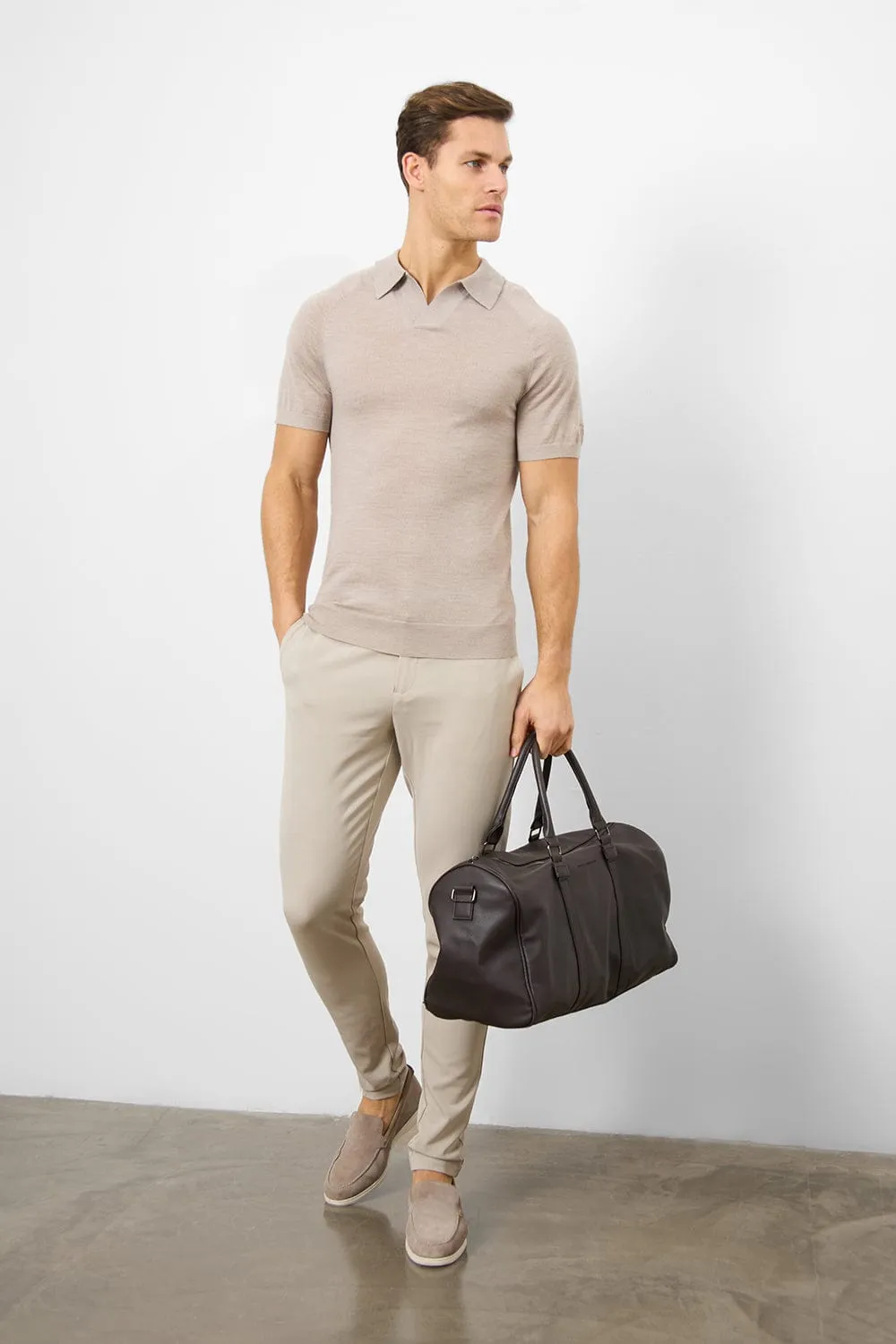 Merino Open Collar Polo Shirt in Wheat Marl