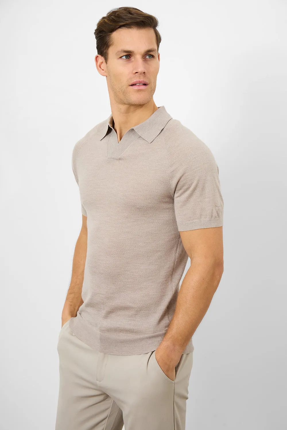 Merino Open Collar Polo Shirt in Wheat Marl