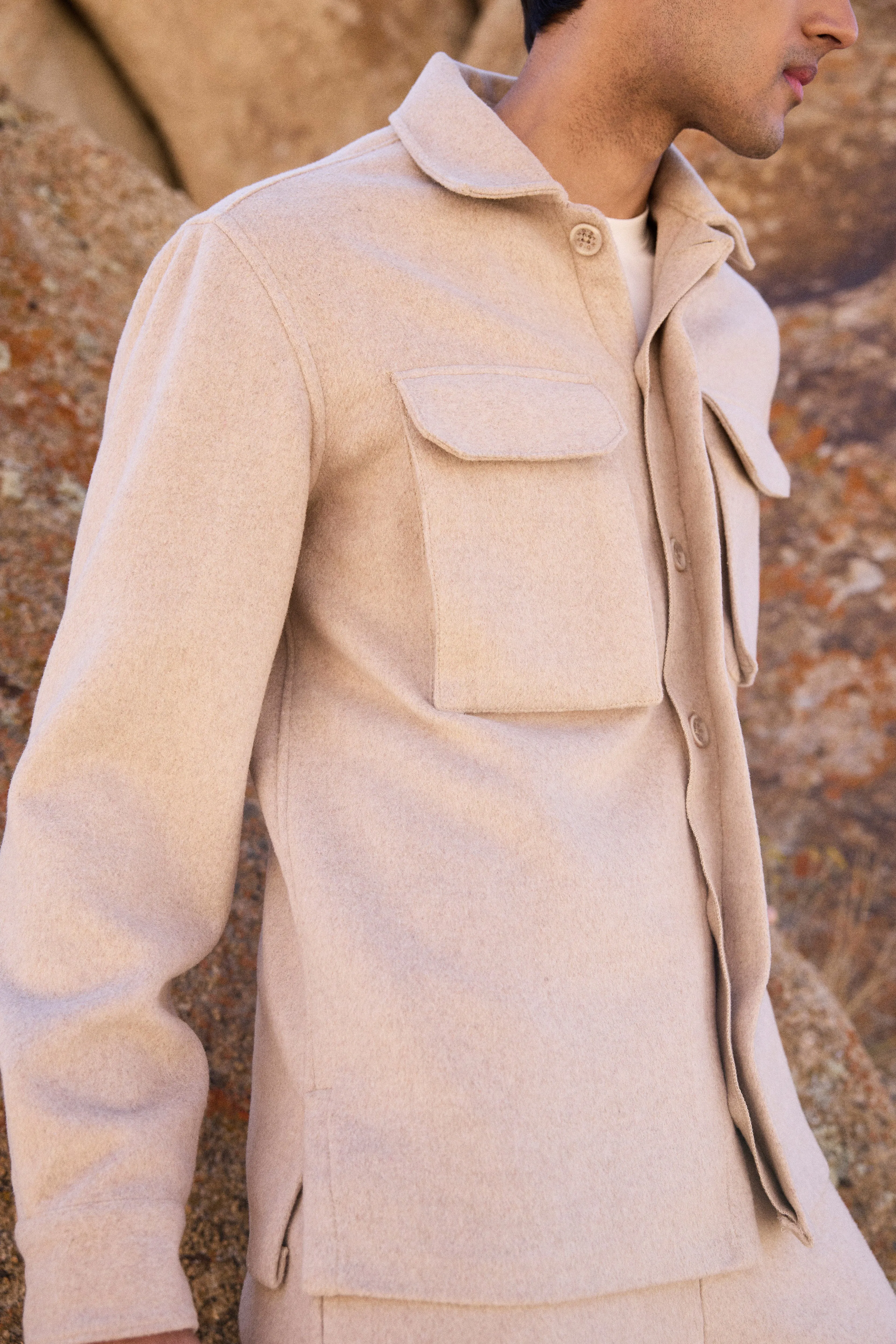 Merino Wool Blend Jacket w Pockets- Man (Oatmeal)