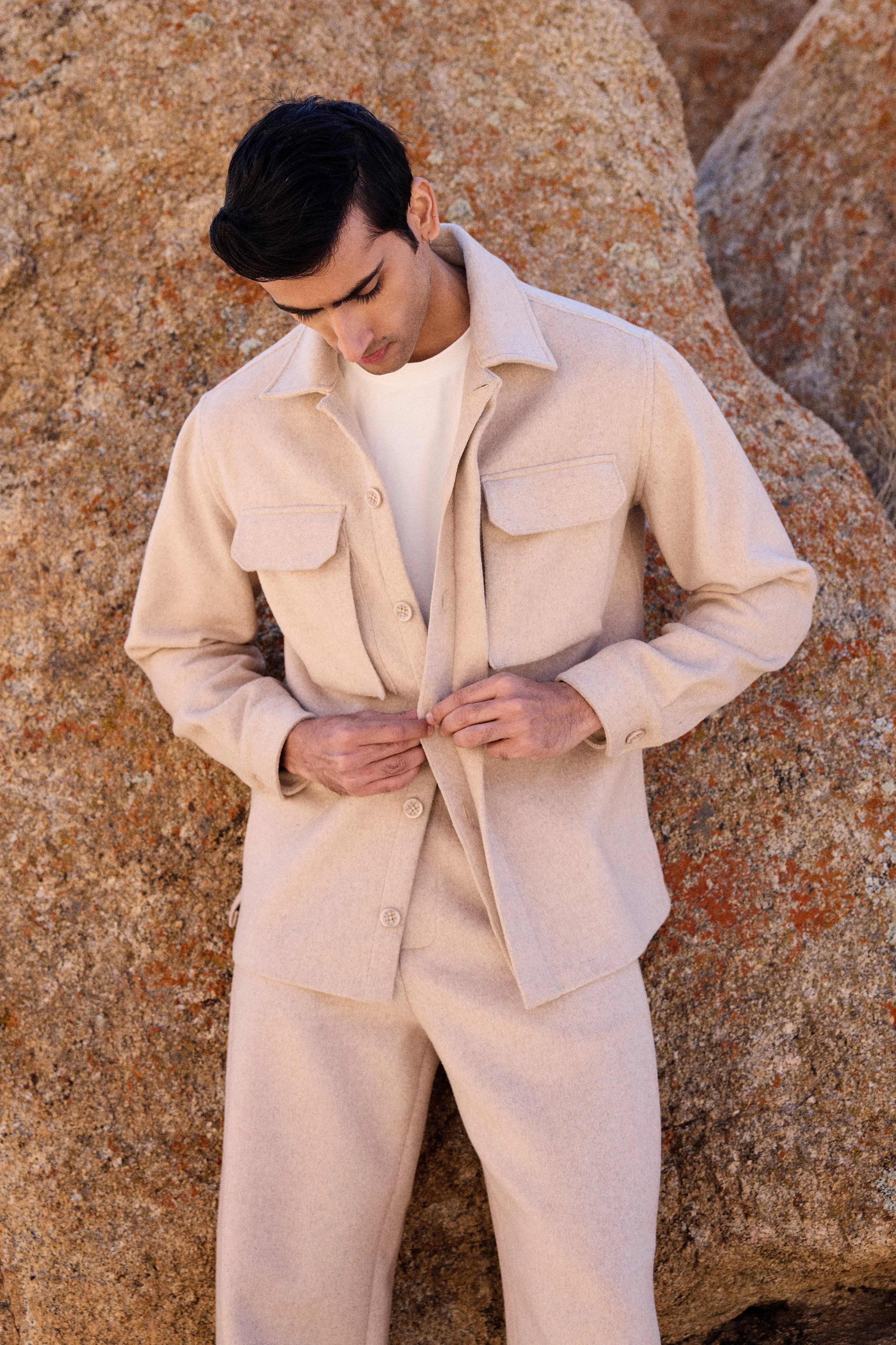 Merino Wool Blend Jacket w Pockets- Man (Oatmeal)