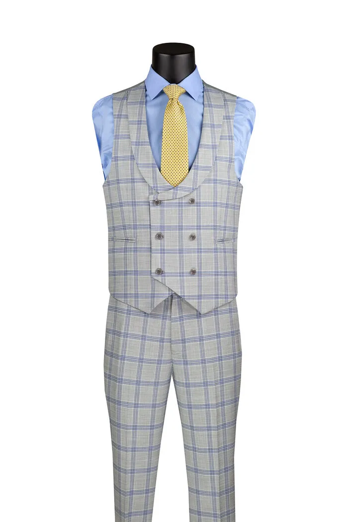 Modern Fit Windowpane Suit 3 Piece with U-Neck Vest Light Gray MV2W-5