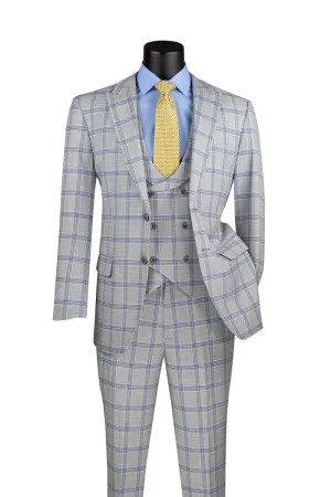Modern Fit Windowpane Suit 3 Piece with U-Neck Vest Light Gray MV2W-5