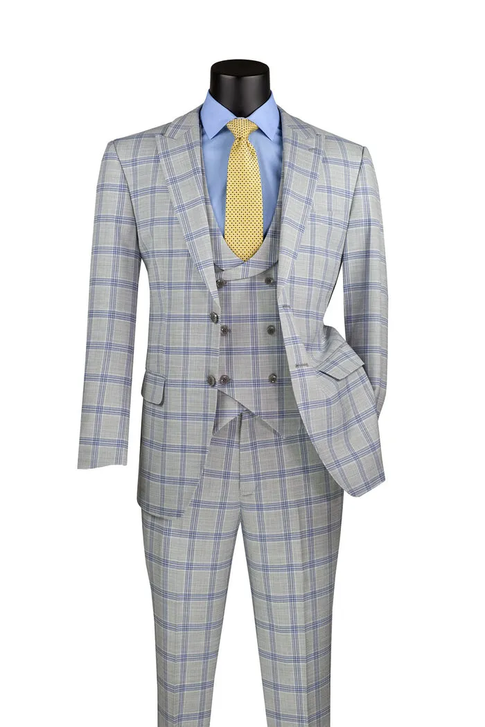 Modern Fit Windowpane Suit 3 Piece with U-Neck Vest Light Gray MV2W-5