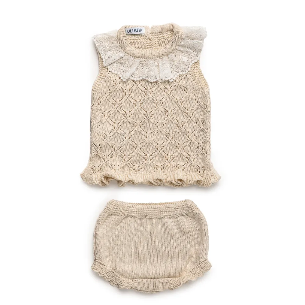 New In Juliana Girls Beige Knitted Jam Pant Set