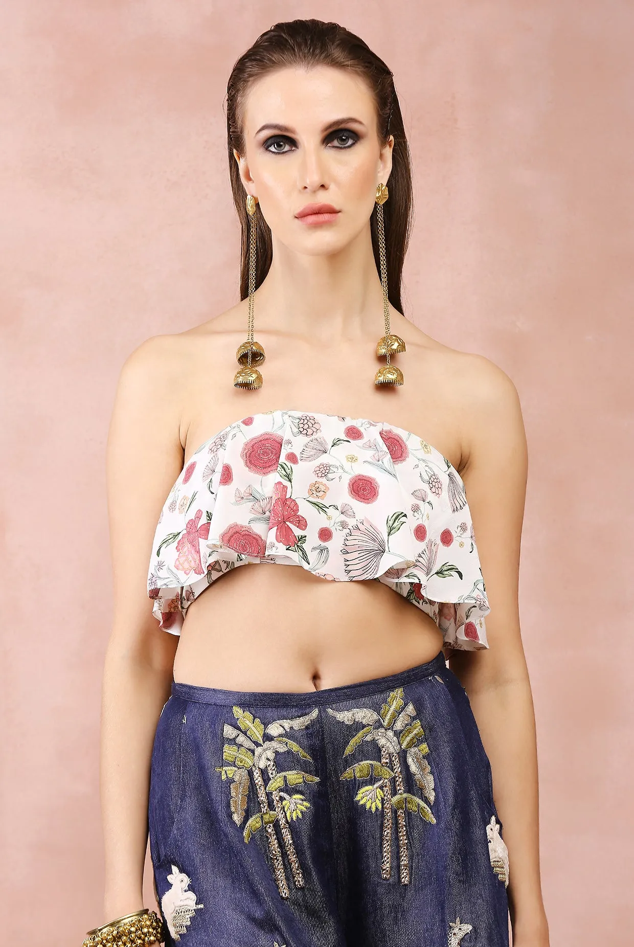 OFF WHITE RUFFLE BUSTIER WITH DENIM EMBROIDERED WIDE LEG PANTS