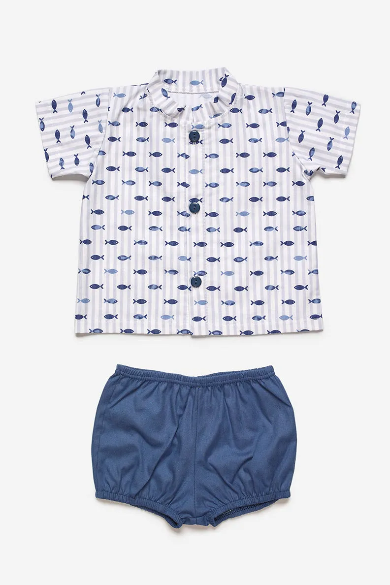 "Austin" Midnight Blue Fish Print Shirt & Shorts