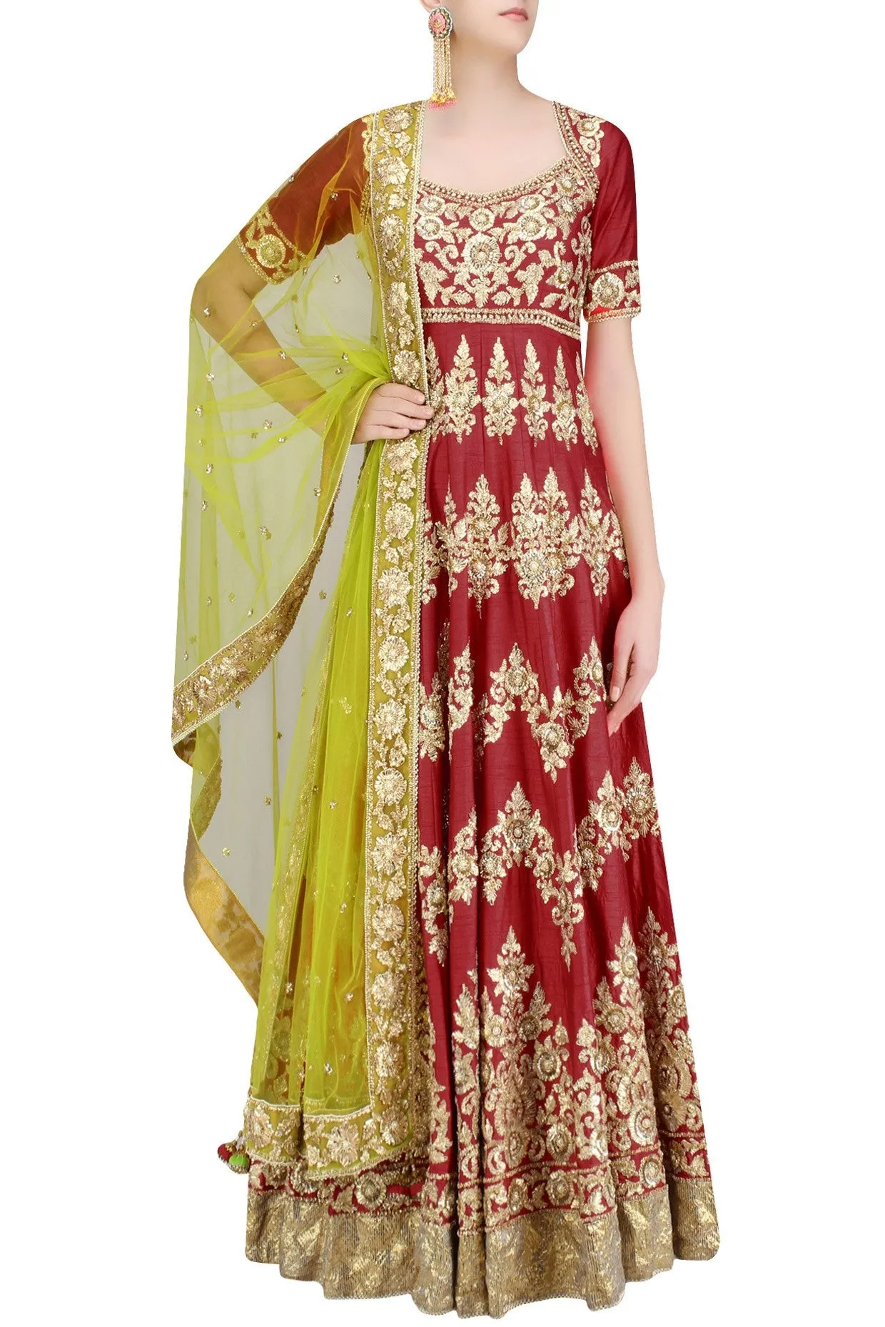 Red color gotta patti anarkali with green dupatta