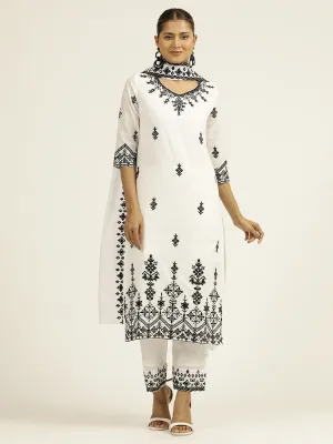 Resham Embroidered White Cotton Suit Set