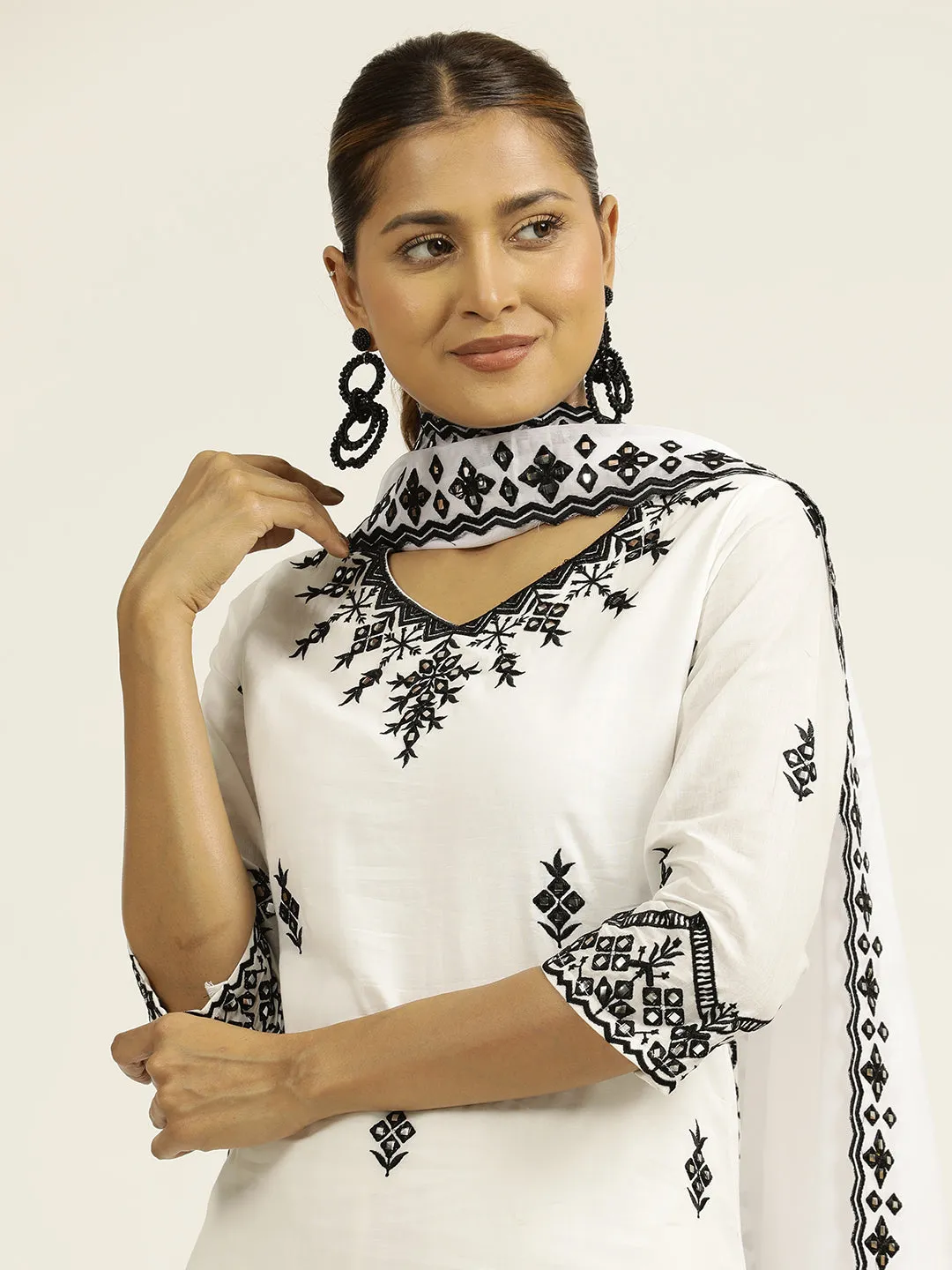 Resham Embroidered White Cotton Suit Set