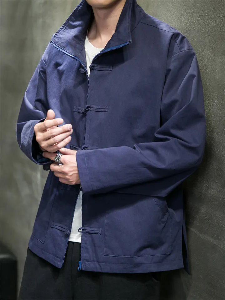 Spring Autumn Stand Collar Knot Button Windproof Jacket for Men