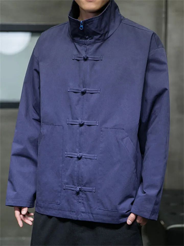 Spring Autumn Stand Collar Knot Button Windproof Jacket for Men