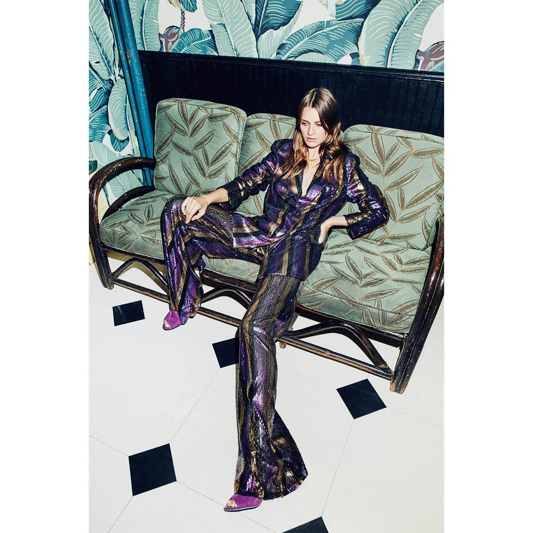 Stripe Sequin Embroidered Wide Leg Pants