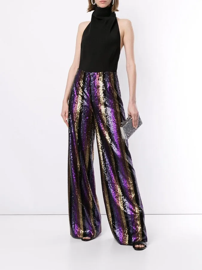 Stripe Sequin Embroidered Wide Leg Pants