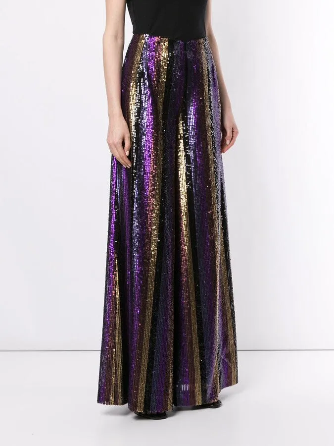 Stripe Sequin Embroidered Wide Leg Pants