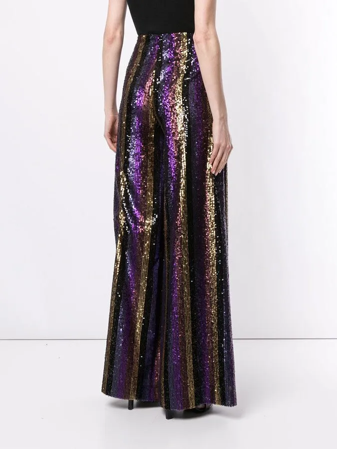 Stripe Sequin Embroidered Wide Leg Pants
