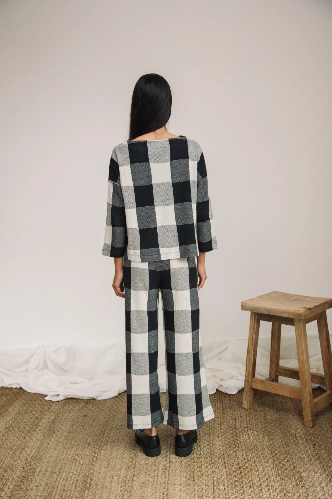 Thorne-Cay Organic Cotton Knitted Check Trouser in Black and Ecru