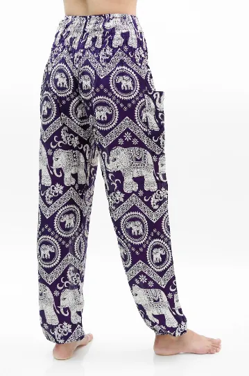 Unisex Bohemian Elephant Chevron Harem Pants- Purple
