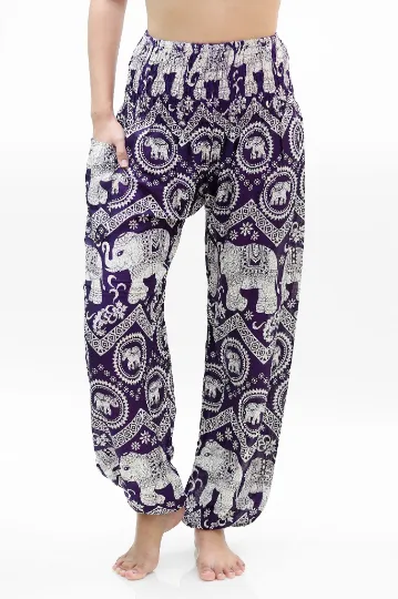 Unisex Bohemian Elephant Chevron Harem Pants- Purple