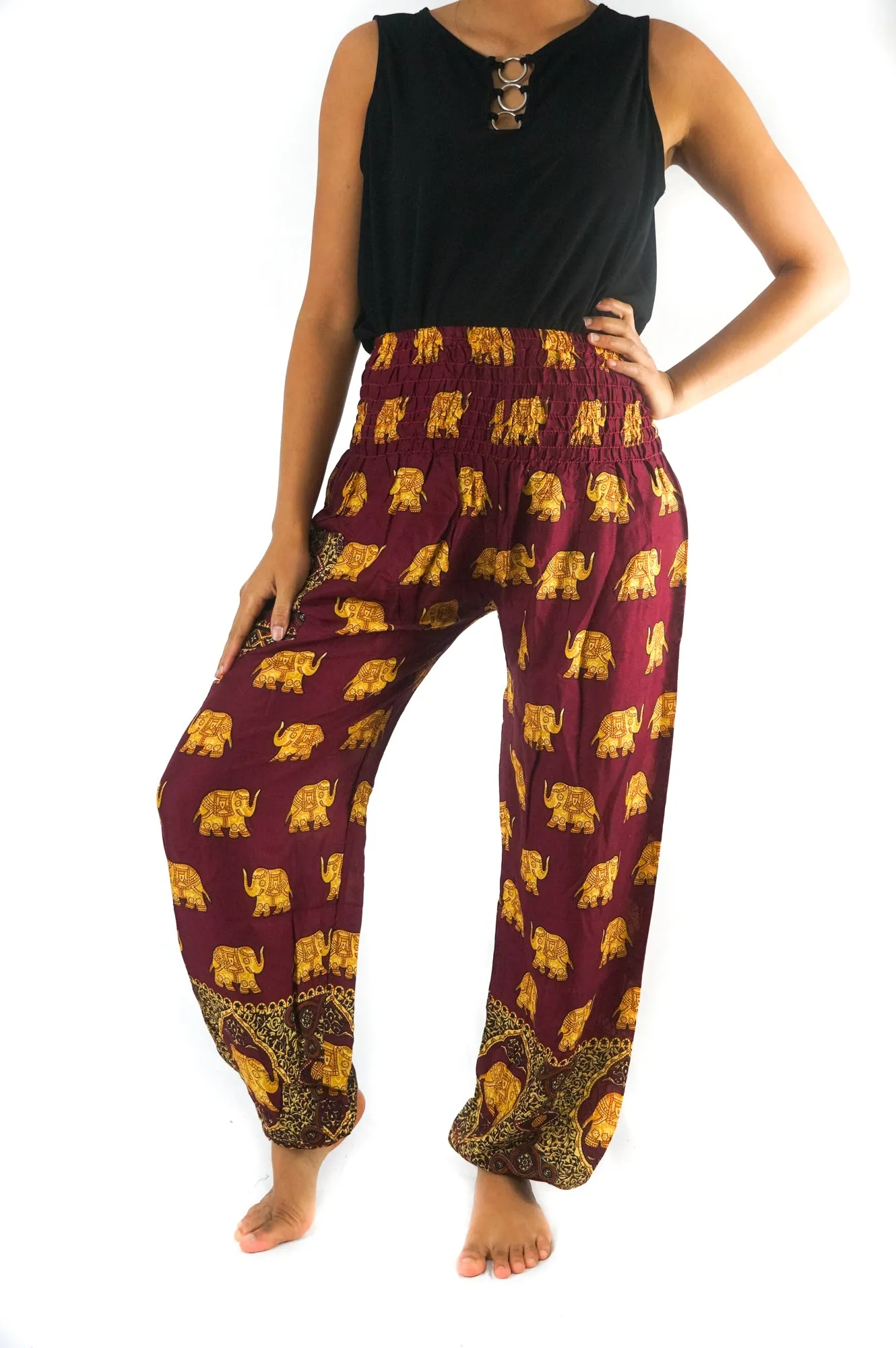 Unisex Bohemian Elephant Print Motif Harem Pants- Burgundy/Yellow