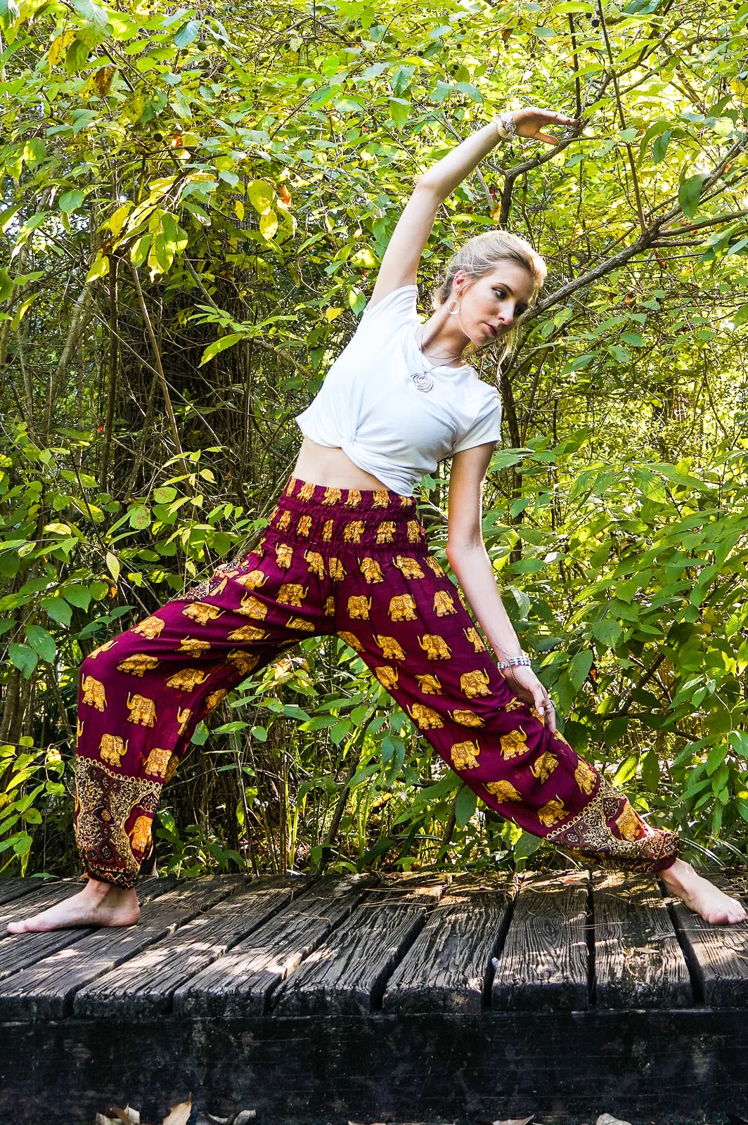 Unisex Bohemian Elephant Print Motif Harem Pants- Burgundy/Yellow