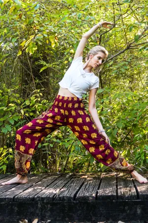 Unisex Bohemian Elephant Print Motif Harem Pants- Burgundy/Yellow