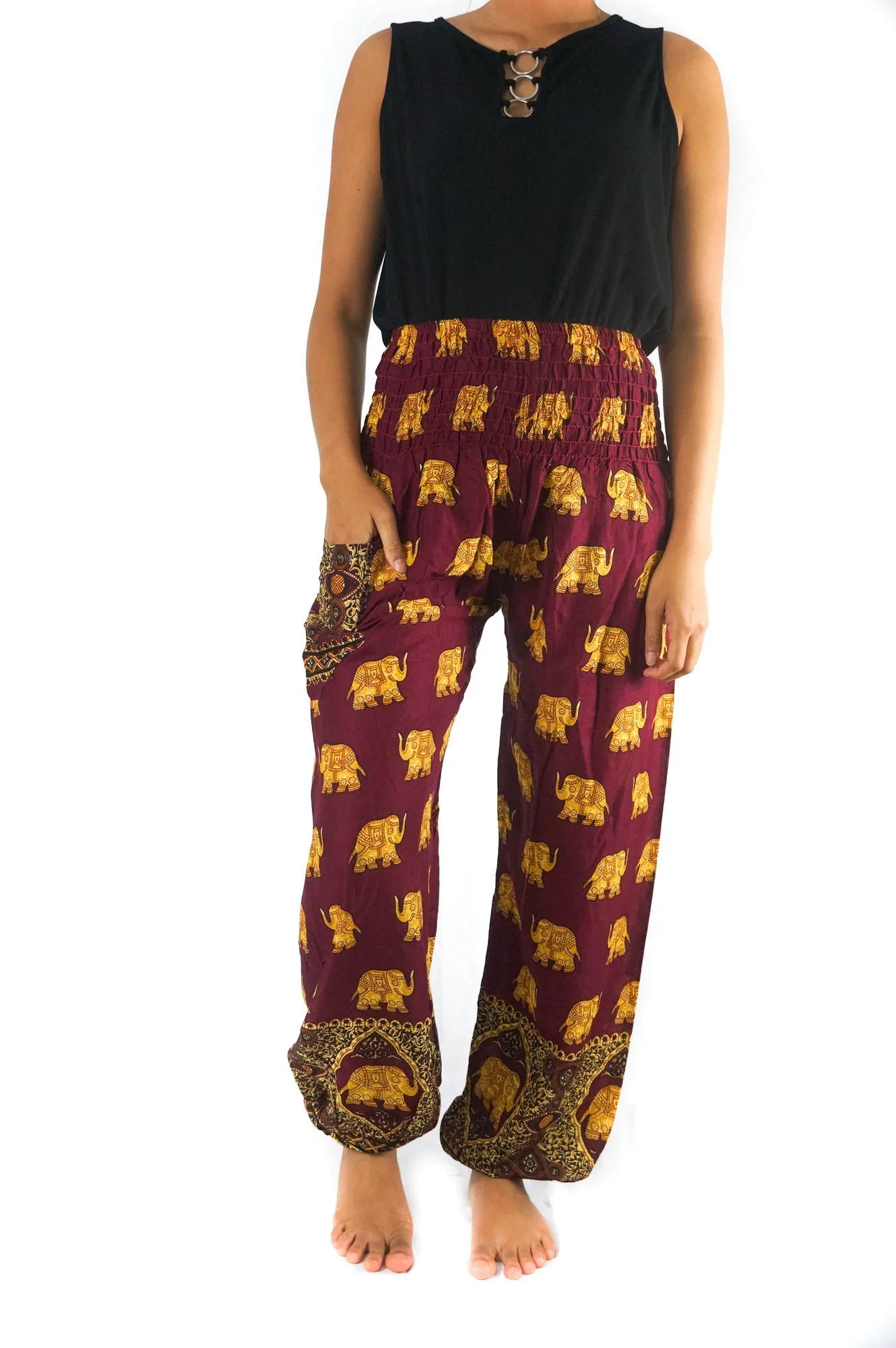Unisex Bohemian Elephant Print Motif Harem Pants- Burgundy/Yellow