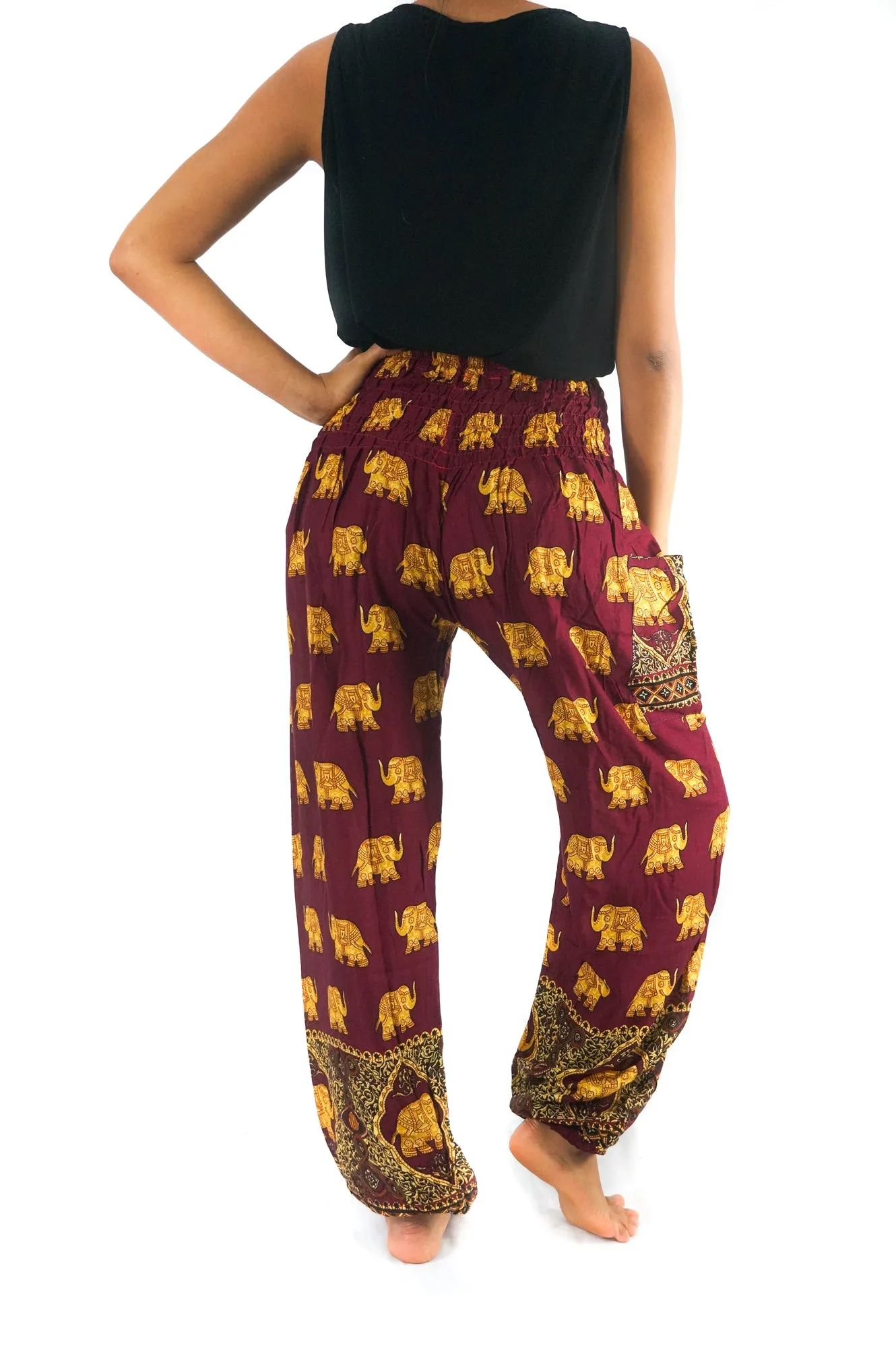 Unisex Bohemian Elephant Print Motif Harem Pants- Burgundy/Yellow
