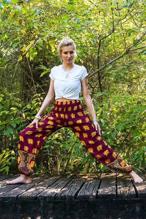 Unisex Bohemian Elephant Print Motif Harem Pants- Burgundy/Yellow