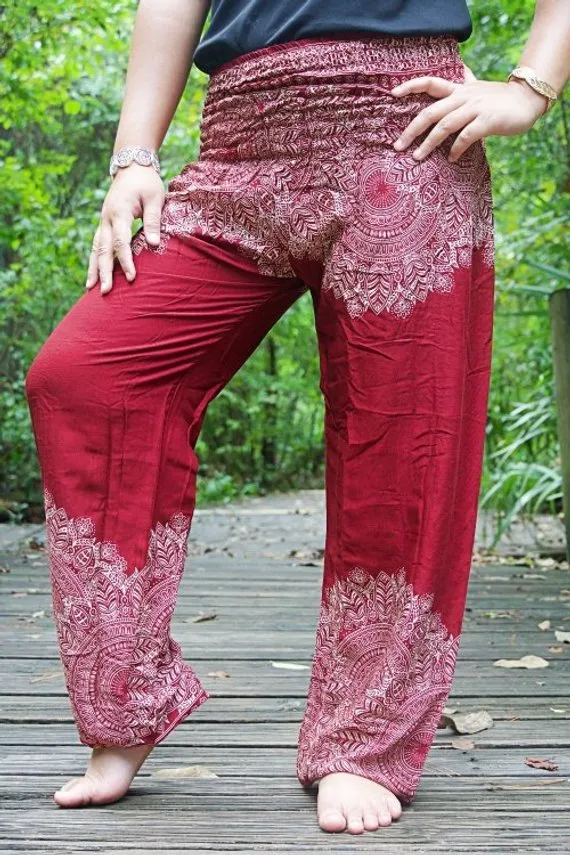 Unisex Bohemian Floral Scroll Harem Pants- Burgundy