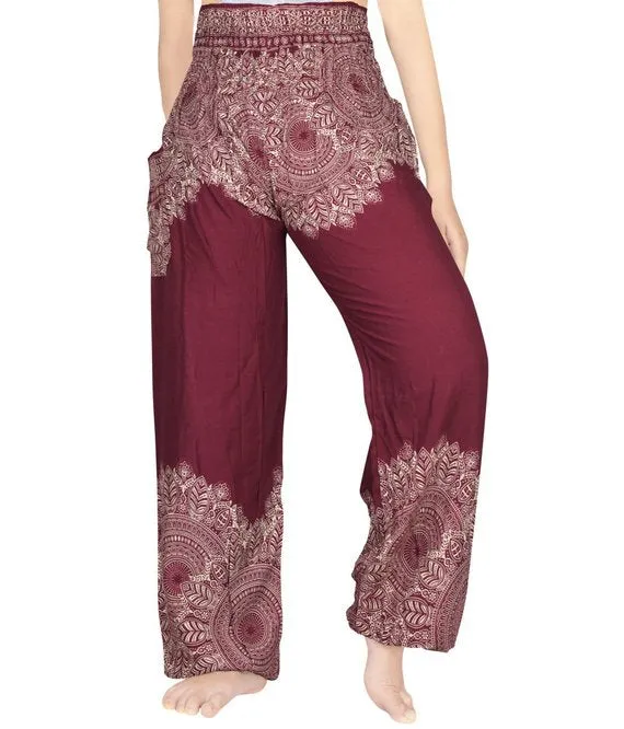 Unisex Bohemian Floral Scroll Harem Pants- Burgundy