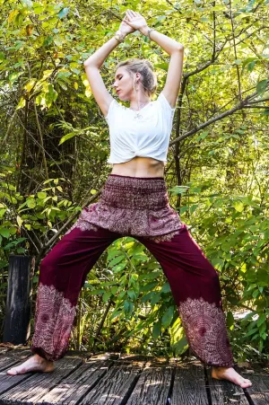 Unisex Bohemian Floral Scroll Harem Pants- Burgundy