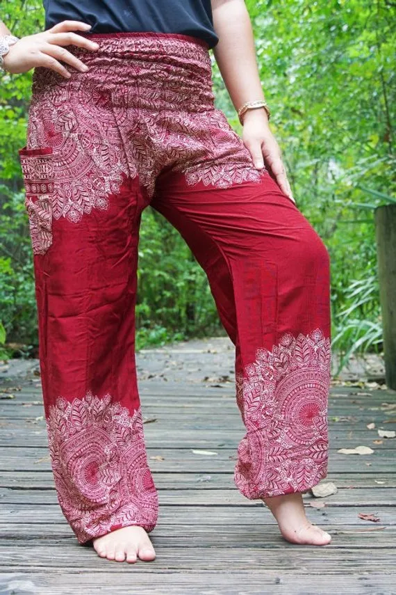 Unisex Bohemian Floral Scroll Harem Pants- Burgundy